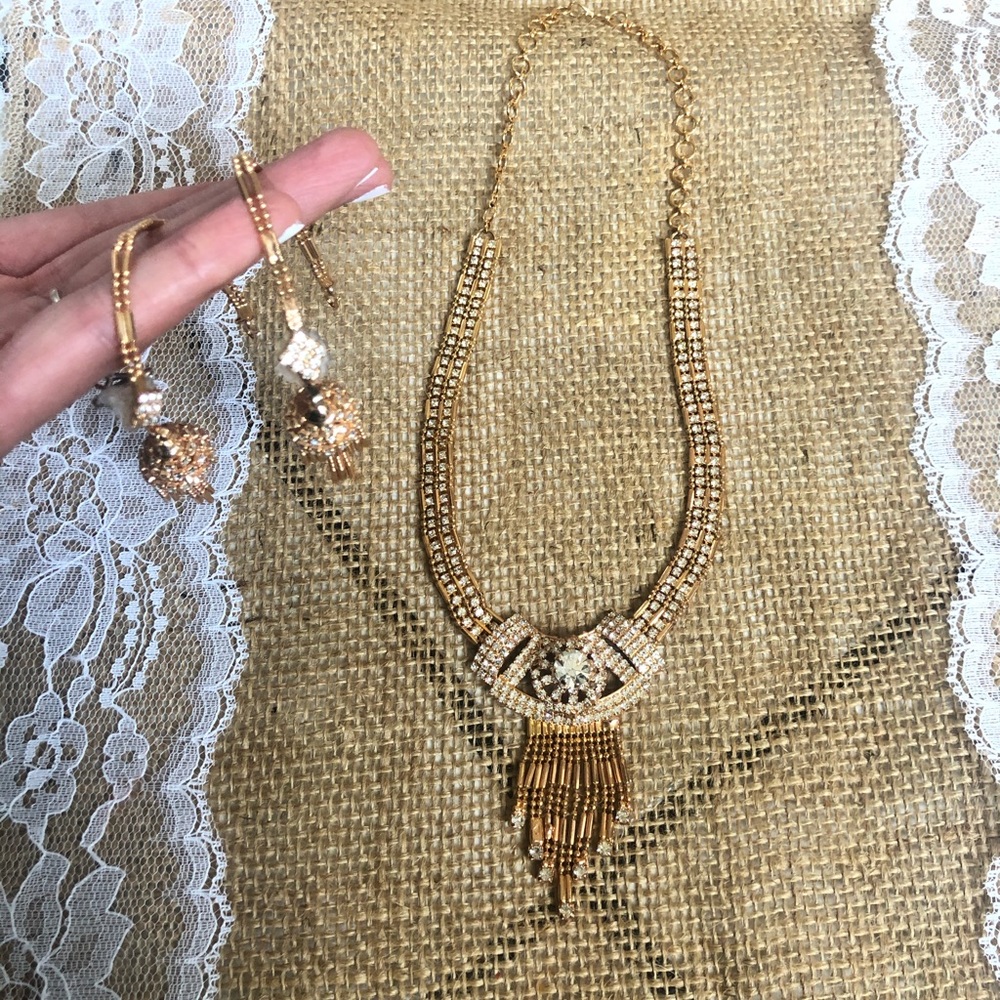 Gold necklace and over the ear earring indian